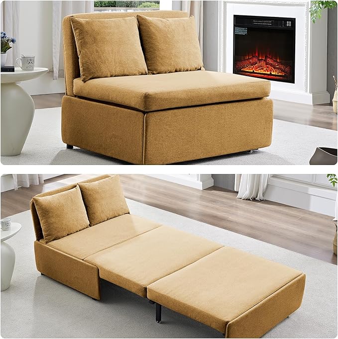 Mjkone 43 W Twin Size Pull Out Sleeper Sofa Bed Chair with Pullout Couch Beds 2 in 1 Convertible Single Sofas Sleeper Chair with Pillows for Living Room Small Place Apartment Office Yellow