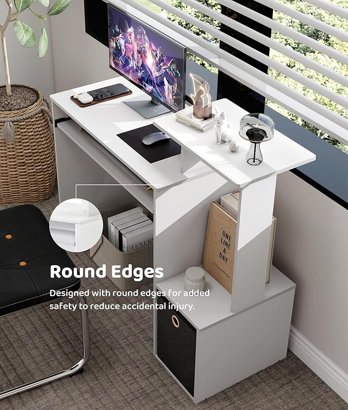 White Computer Desk with Drawers Small Writing Desk with Storage Shelves for Home Office Bedroom Study Living Room