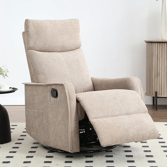 Swivel Rocker Recliner Chair 360° Swivel Recliner with Heat and Massage Rocker Recliner Nursery Glider Chair with Side Pockets for Living Room (Khaki Fabric)
