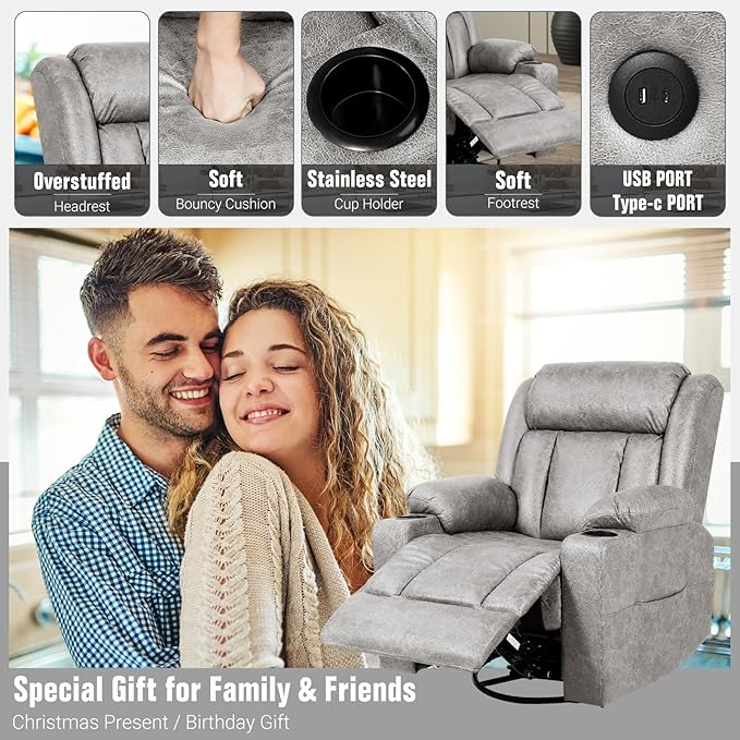 LEVELEVE Retro Rocking Recliner Chair Massage Rocker Recliner Chair with Vibration Massage and Heat USB and Type-C Ports360° Swivel ChairsLiving Room Bedroom Nursery RV Light Grey