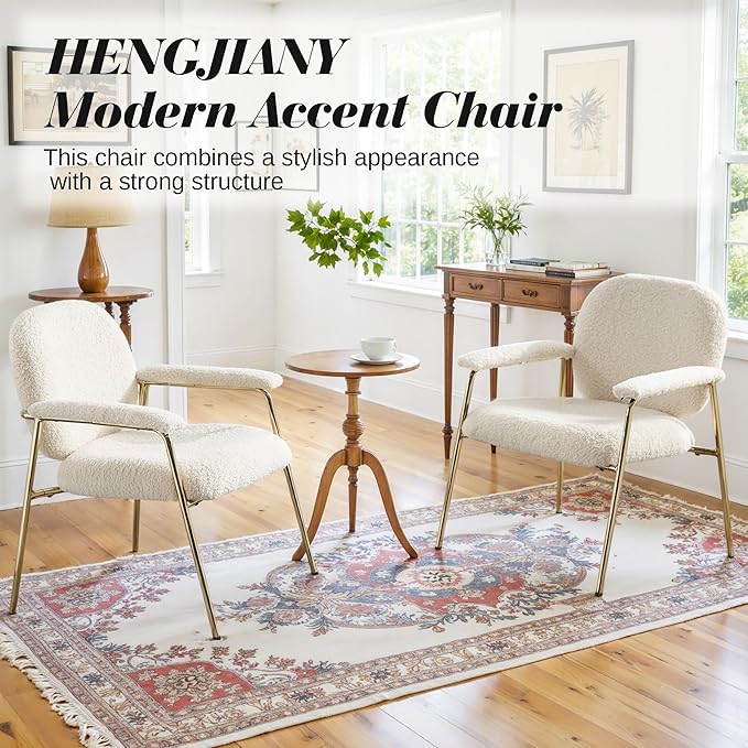 Accent Chair Set of 2 Sherpa Upholstered Armchair Reading Side Chair Comfy Living Room Chair with Gold Metal Legs for Bedroom Waiting Room Beige