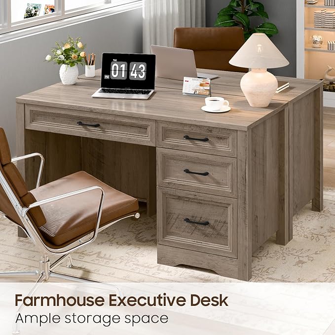 Vabches Farmhouse Executive Desk with Storage and Ample File Drawer Rustic Large Home Writing Desk for Bedroom Grey