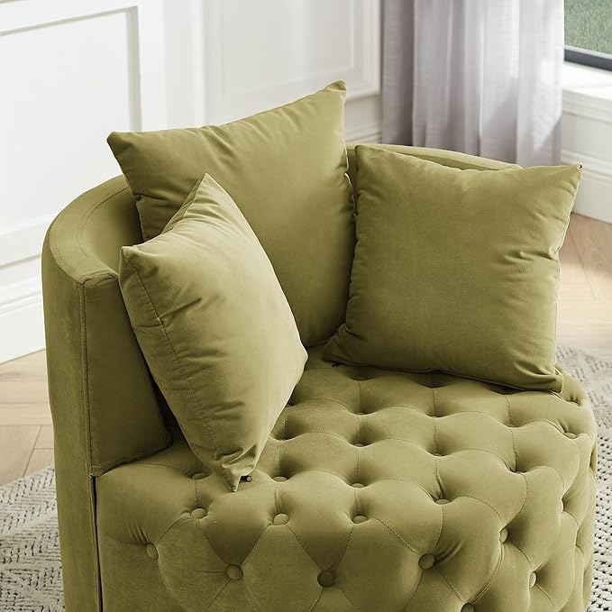 Velvet Upholstered Swivel Chair for Living Room with Button Tufted Design and Movable Wheels Including 3 Pillows Khaki Green