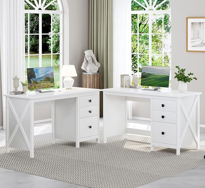 JSB 47.2'' White Computer Desk for Home OfficeFarmhouse Executive Desk with 3 File DrawersStudy Writing Table Storage CabinetMakeup Vanity Desk for Bedroom (White 47.2in)