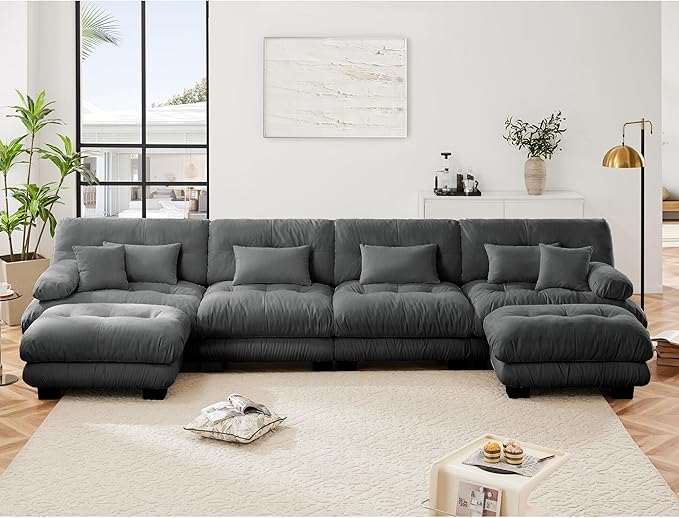 Modular Sectional Sofa for Living Room173 U-Shaped Comfy Couch with Ottoman Oversized 4 Seater Grey Sectional Couches with Pillows Fluffy Couch Set with Deep Seat