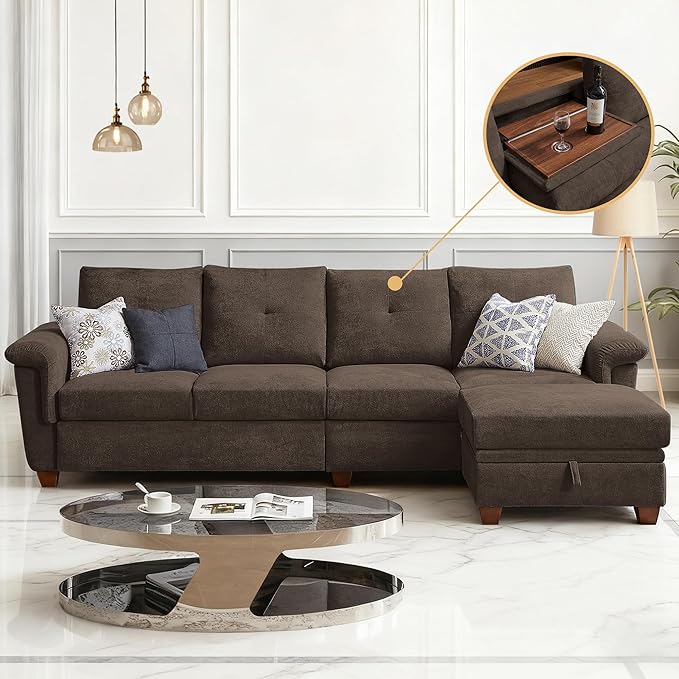 108 Sectional Sofa Convertible L Shaped Sofa with Ottoman and Large Storage 4 Seat Sectional Couch with Cup Holder Couches for Living Room Apartment Office (Brown)