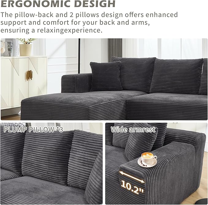 108.3 Modular Sectional Sofa Couches for Living Room Modern Boneless Couch Cloud Foam Floor Upholstered Couches with Chaise L-Shape Sofa Couch for Bedroom Left Facing Chaise Gray
