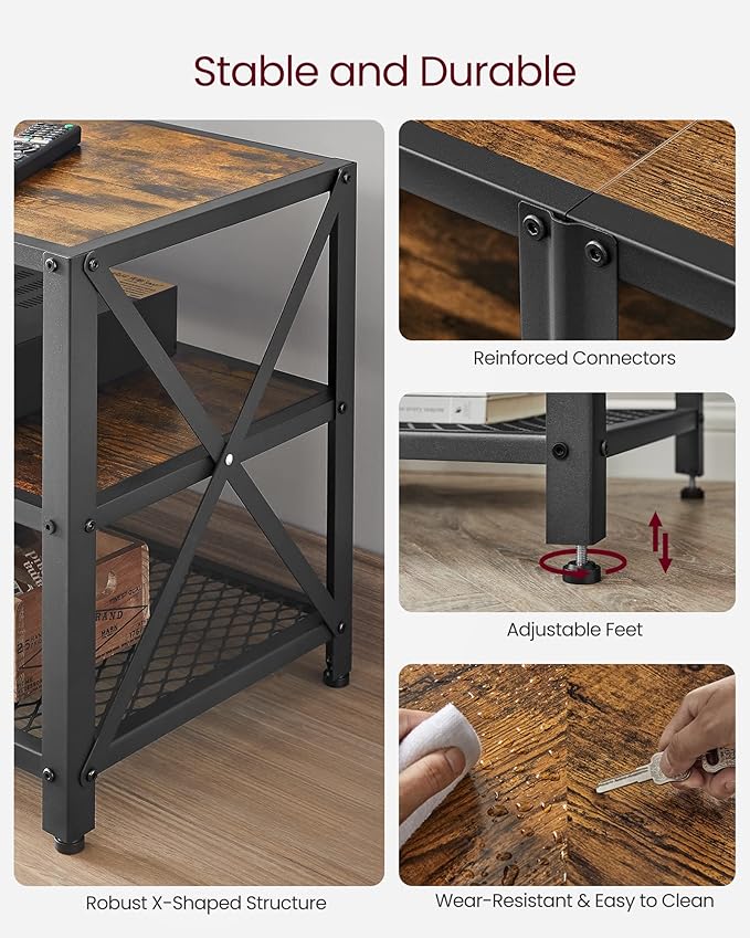 VASAGLE TV Stand TV Console for TVs Up to 65 Inches TV Table 55.1 Inches Width TV Cabinet with Storage Shelves Steel Frame for Living Room Bedroom Rustic Brown and Black ULTV094B01