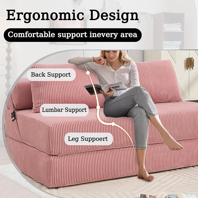 55 Convertible Folding Sofa Bed with 2 Pillows Corduroy Foldable Sleeper Sofa for Adult Floor Couch Bed for Living Room Bedroom No Assembly (Pink)