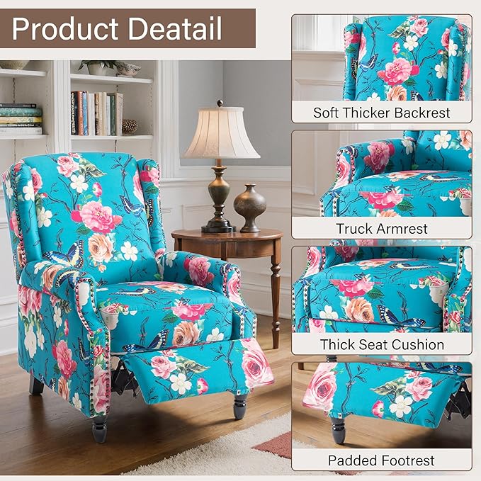 Floral Pushback Recliner Chair Fabric Upholstered with Rivet Trim for Living Room Home Theater Accent Club Chair - Peacock Blue Rose