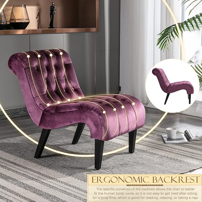 KINFFICT Velvet Accent Lounge Chair for Living Room Modern Leisure Chair with Tufted Backrest Indoor Armless Side Chair Upholstered Bedroom Sleeper Chairs with Solid Wood Legs