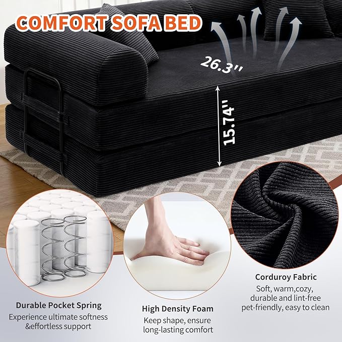 Convertible Sleeper Sofa Bed 1600lbs Weight Capacity Floor Sofa Bed with Fixed-Shape Frame Corduroy Foldable Couch for Small Space Lounge Mattress for Living Room Apartment Game Room (Black)
