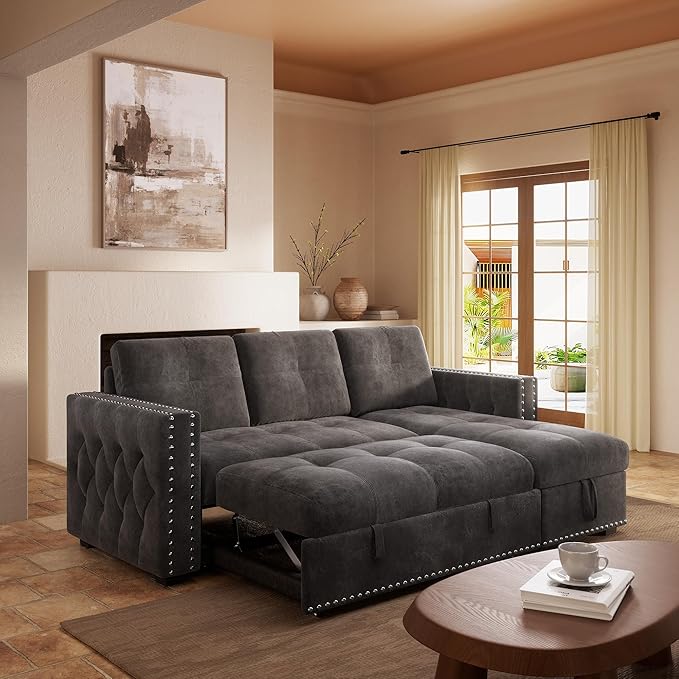 Morden Fort Pull Out Sofa Bed with Storage 91'' Oversized Sleeper Modular Sectional Comfy L-Shape Couch for Living Room Apartment Faux Leather Dark Grey