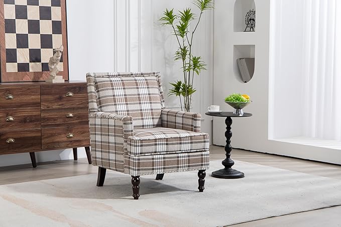 KEIKI Vintage Plaid Accent Chair with Nailhead Trim Upholstered Lounge Armchair Mid Century Modern Style for Bedroom or Office