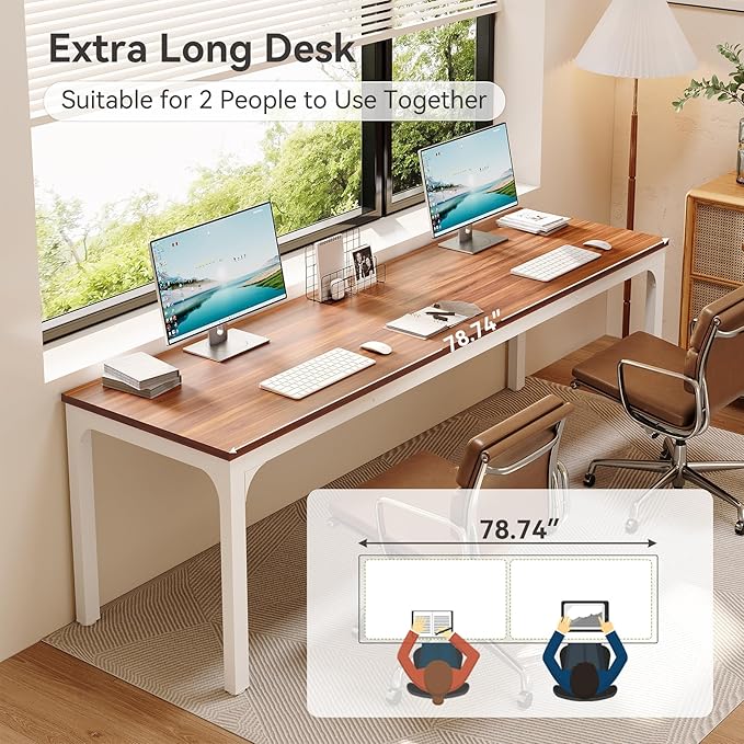 LITTLE TREE 78.7-Inch Ultra Long Double Desk Writing Gaming Work Computer Two-Person Desk for Home Office Walnut + White