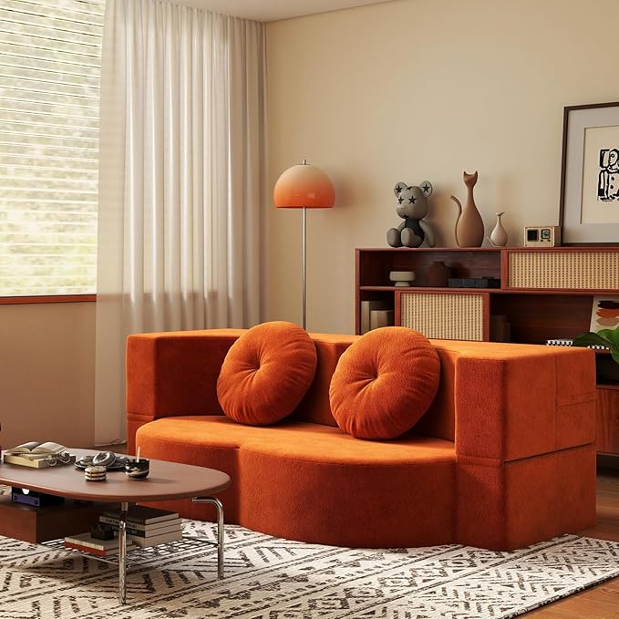 2-in-1 Convertible Sofa Bed 78.7 Memory Foam Boneless Couch Bed Full Size Love Seat Sleeper Sofa Floor Couch Loveseat w/ 2 Pillows for Living Room Bedroom Apartment Office No Assembly Orange