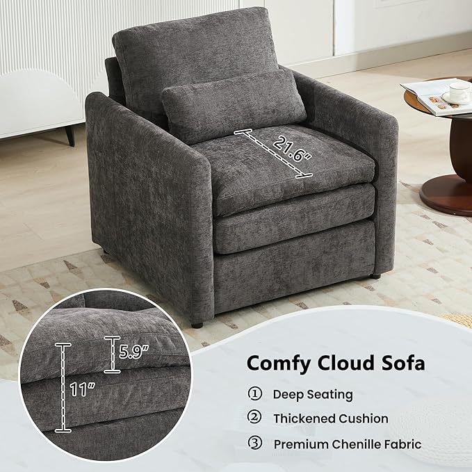 3-Piece Cozy Upholstered Sofa Set Upholstered Sofa Set with 2 Single Sofa Oversized Comfy Cloud Sofa for Living Room Office Apartment (Grey-6c)