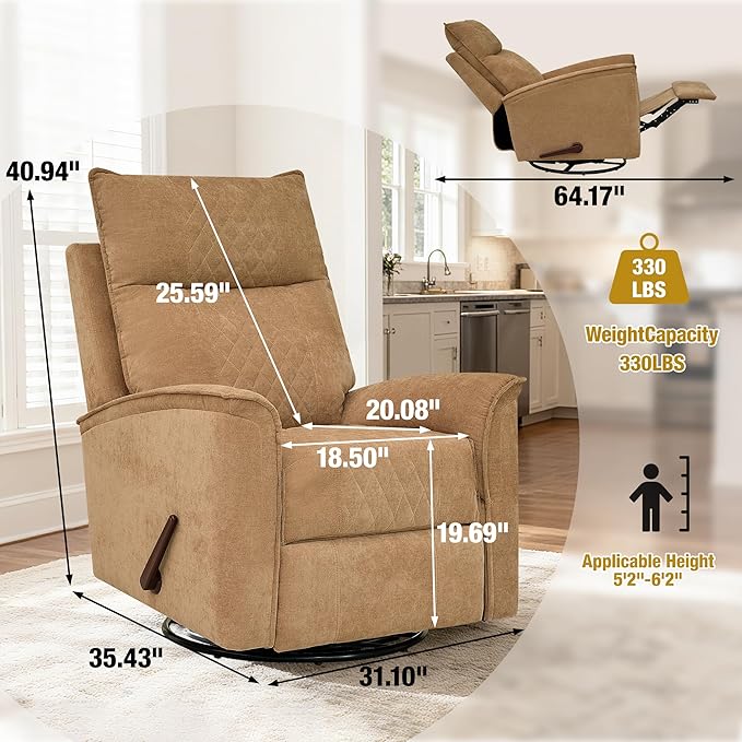 Swivel Rocker Recliner Chair for Adults Rocking Chair Small Swivel Recliner for Small Spaces Living Room Bedroom RV(Khaki)