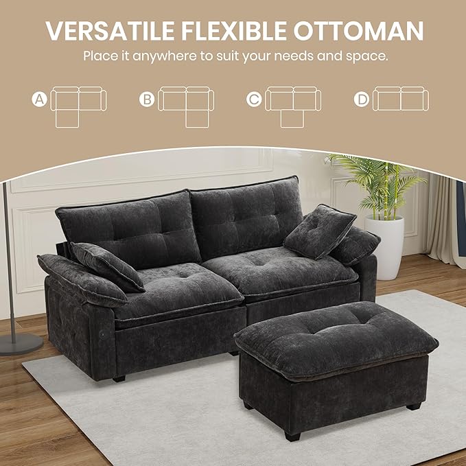 89 Modular Sectional Sofa Comfy Cloud Couch with Movable Ottoman 3-Seat Chenille Deep Seat Sofa with Throw Pillows/USB Ports for Living Room Office and Apartment (Dark Grey)