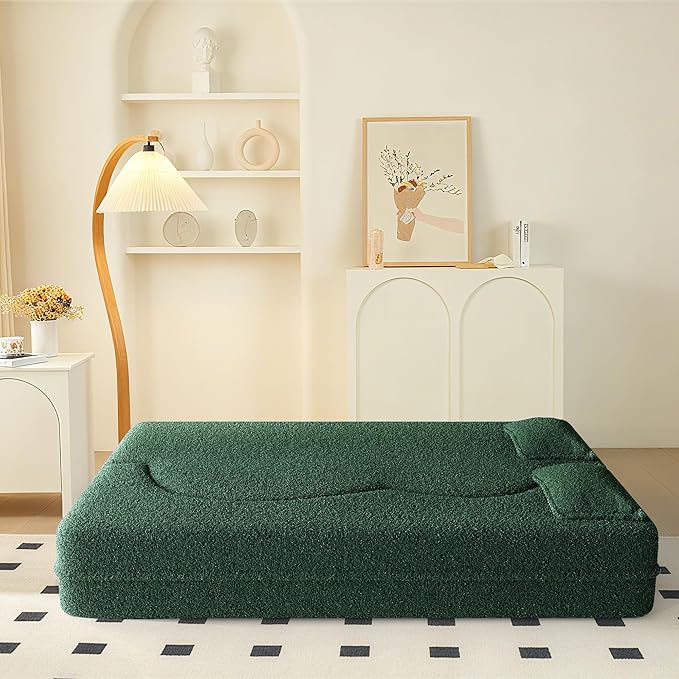 78 Convertible Sofa Bed 2-in-1 Folding Floor Couch with 2 Pillows Sleeper Sofa for Living Room and Bedroom No Assembly Required (Green Teddy Fabric)
