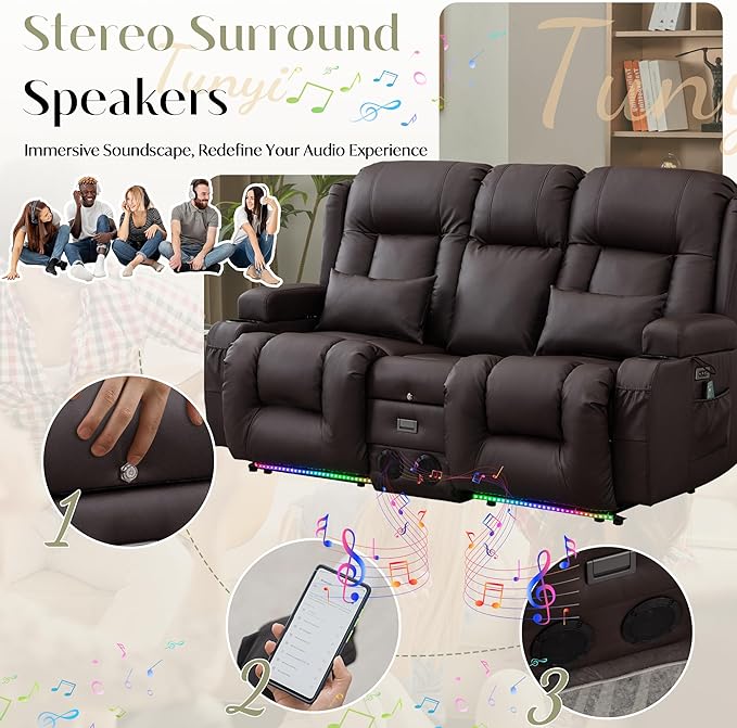 TUNYI Power Loveseat Recliner Sofa Faux Leather Reclining Sofa with Console RV Reclining Loveseat Couch with USB/Outlet/Storage/Side Pocket/LED Light/Speaker (Brown Loveseat)