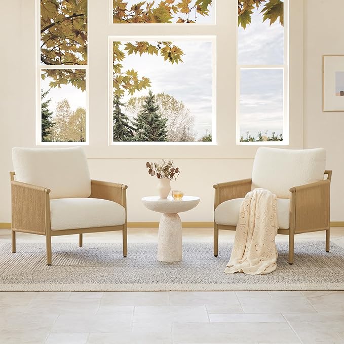CHITA Braid Accent Chairs Modern Armchair with Wood-Like Finish Metal Frame for Living Room and Bedroom Boho Reading Chair Cream