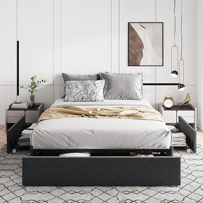 Allewie Full Size Platform Bed Frame with 3 Storage Drawers Fabric Upholstered Wooden Slats Support No Box Spring Needed Noise Free Easy Assembly Dark Grey