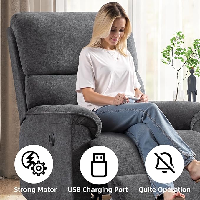 Power Recliner Chair for Adults with USB Port Breathable Fabric Electric Recliners with High Back Single Overstuffed Heavy Duty Reclining Sofa for Small Spaces Living Room Bedroom