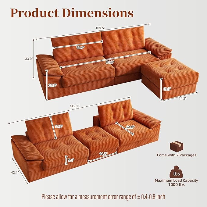 109.5 Loveseat Sofa with Ottoman Corduroy L Shape 3 Seater Couch Modular Sectional Couch for Living Room Small Spaces Apartment No Assembly Required Orange