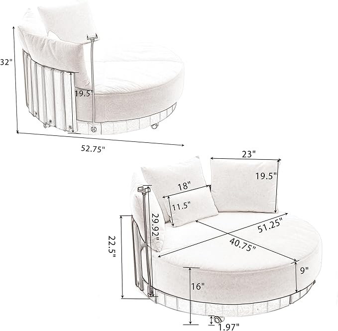 52.75'' Oversized Swivel Cuddle Chair 360° Swivel Round Sofa with Adjustable Phone Holder and 4 Pillows Gray Upholstered Round Loveseat with Rotating Pulley for Living Room Bedroom (Gray)