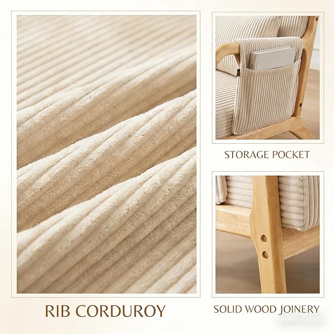 Accent Chair Mid Century Modern Chair with Side Storage Pocket Upholstered Living Room Chairs Armchair Lumbar Cushion &amp Solid Wood Frame for Bedroom Easy Assembly Beige