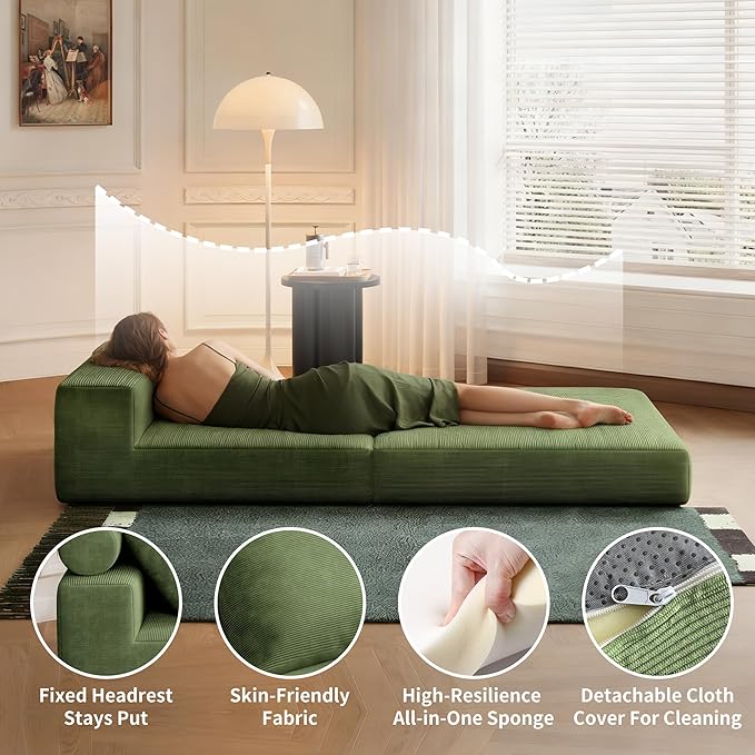 Folding Sofa Bed 3-in-1 Convertible Sleeper Chair Bed with Pillows Foldable Floor Couch with High-Density Foam Futon Small Boneless Couch for Living Room Bedroom Lounge Single Green