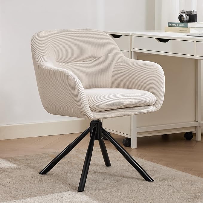 Modern Office Desk Chair Swivel Accent Chair No Wheels Fabric Upholstered Arm Chair Ergonomic Swivel Vanity Chair with Mid Back Arm Chair for Living Room Bedroom Home Office Beige
