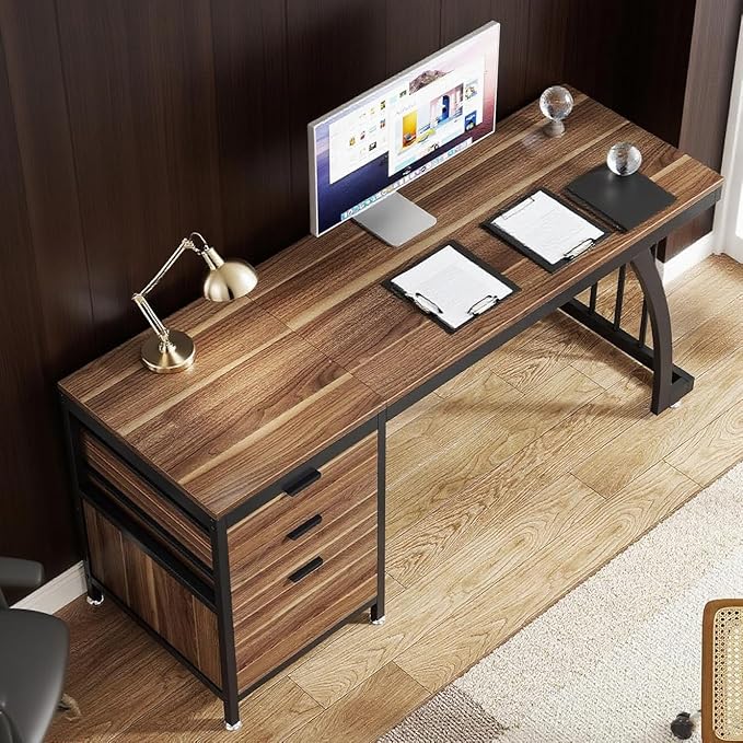 59'' Industrial Computer Desk with 3 Reversible Drawers Writing Workstation with File Storage for Home Office or Study Walnut