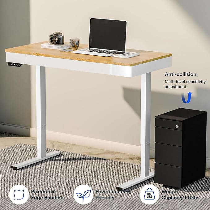 FLEXISPOT Q5 Standing Desk with Drawer 48 x 24 Inch Electric Adjustable Height Stand Up Desk with Storage Organizer Whole Piece Wooden Desktop for Home Office Computer Workstation Maple