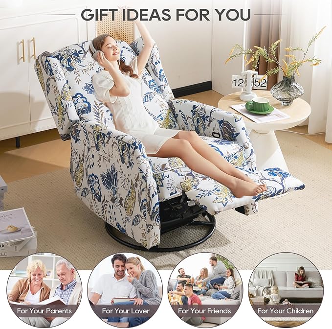 Swivel Rocker ReclinerWingback Recliner ChairFloral Accent Chair Fabric Chair with High BackPadded Seat for Living RoomBedroom Home Office (Blue)
