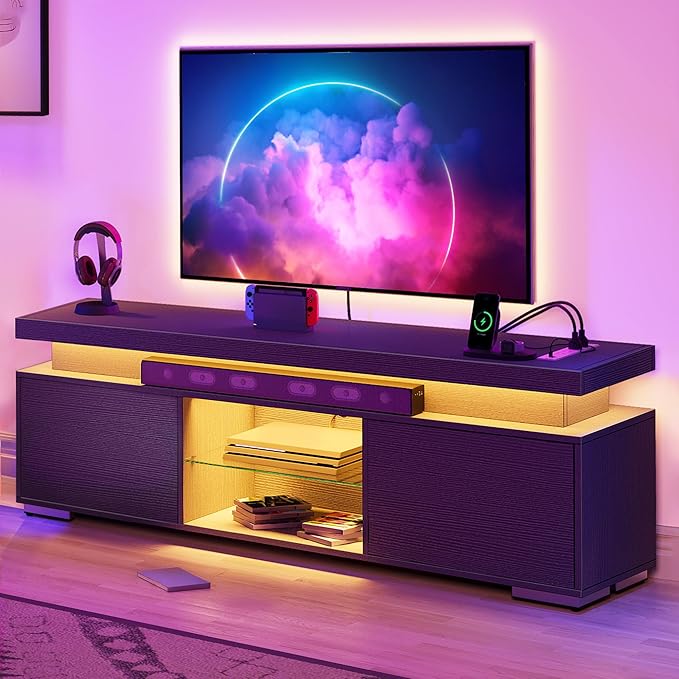 YITAHOME Black TV Stand for 65 inch TV Entertainment Center with Storage Modern LED TV Stand w/Power Outlets for Living Room TV Console Media Cabinet Black