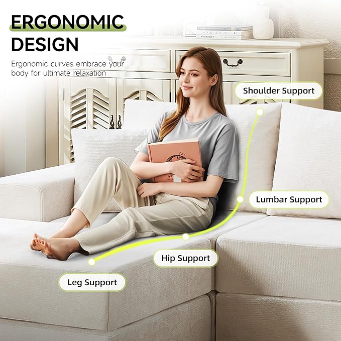 79 Boneless Cloud Loveseat Sofa Couch Modular Foldable Floor Sofa with Ottoman Chenille Lounge Convertible Sofa Bed for Living Room No Assembly Beige