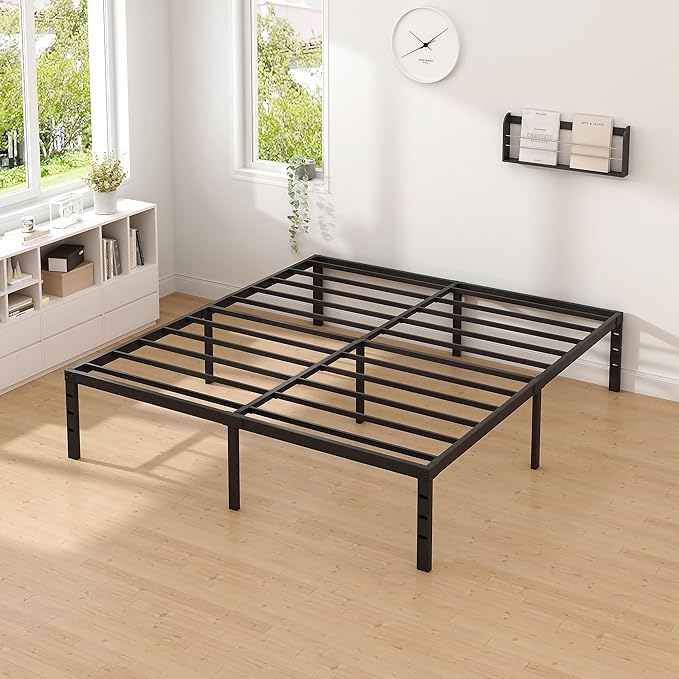 Metal Bed FrameQueen Size Bed Frame with Storage SpaceHeavy Duty Sturdy Mattress FoundationEasy AssemblyNo Box Spring Needed Black18 InchQueen