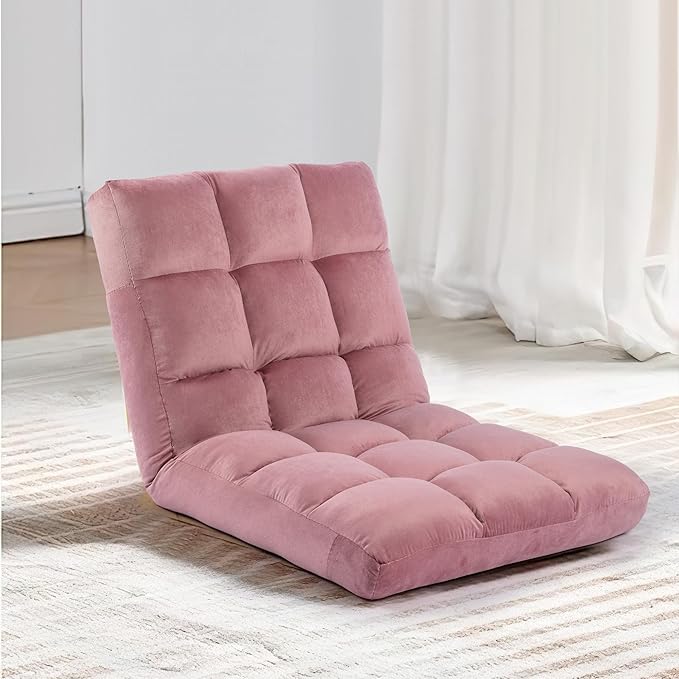Floor Chair 24 inches Wide Oversized Velvet Armless Lay Flat Floor seat Padded Meditation Chair with 6 Adjustable Position Ergonomic Comfortable Convenient(LRSF-008-PINK)
