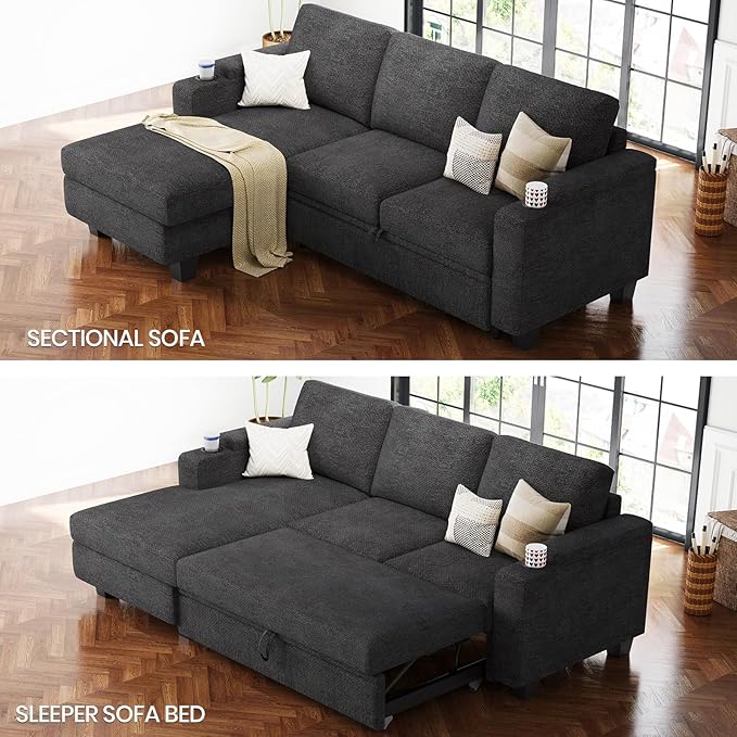 Belffin Sleeper Sofa Bed Pull Out Couch L Shaped Couch with Storage Left-Facing Chaise Modular Sectional Sofa. Dark Grey