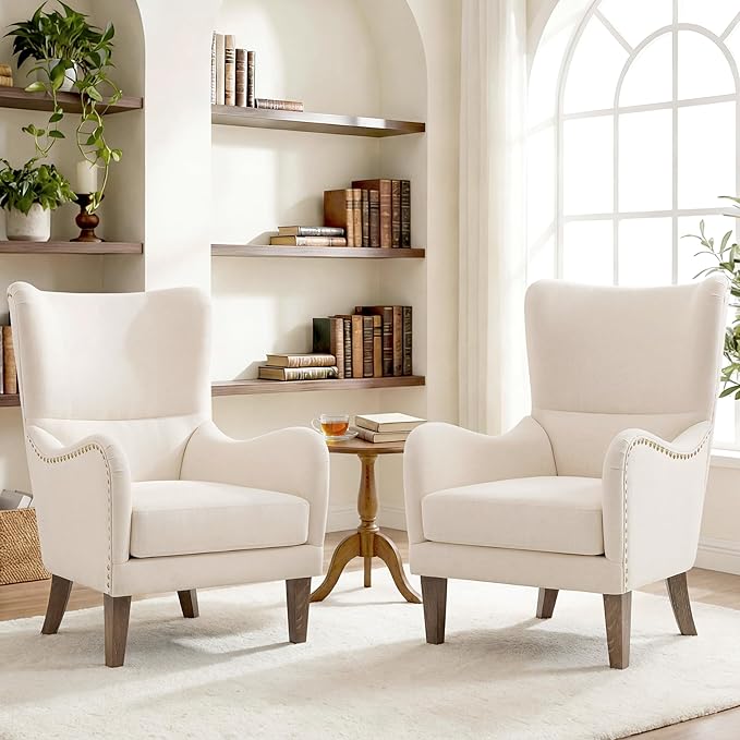 Mid-Century Modern Wingback Club Chairs Set of 2 Fabric Living Room High-Back Accent Chair 2 Piece Classic Armchair for Apartment Office Studio Beige