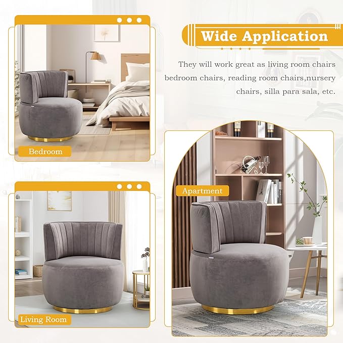 SLEERWAY 360° Swivel Barrel Chair Set of 2 Modern Velvet Round Accent Chair Comfy Upholstered Small Armchair with Gold Metal Base for Living Room Bedroom Nursery Office Sillas para Sala Gray