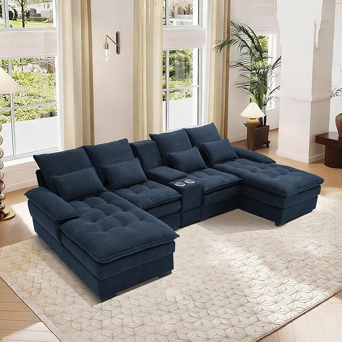 130 U Shaped Cloud Couch Modular Sectional Sofa with Chaise Lounge Comfy Fluffy Cloud Sectional Couches for Living Room Modern Modular Sofa with Central Console (Blue)