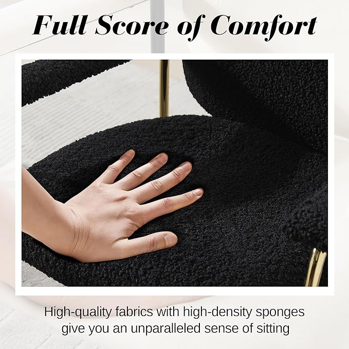 Accent Chair Set of 4 Sherpa Upholstered Armchair Reading Side Chair Comfy Living Room Chair with Gold Metal Legs for Bedroom Waiting Room Black