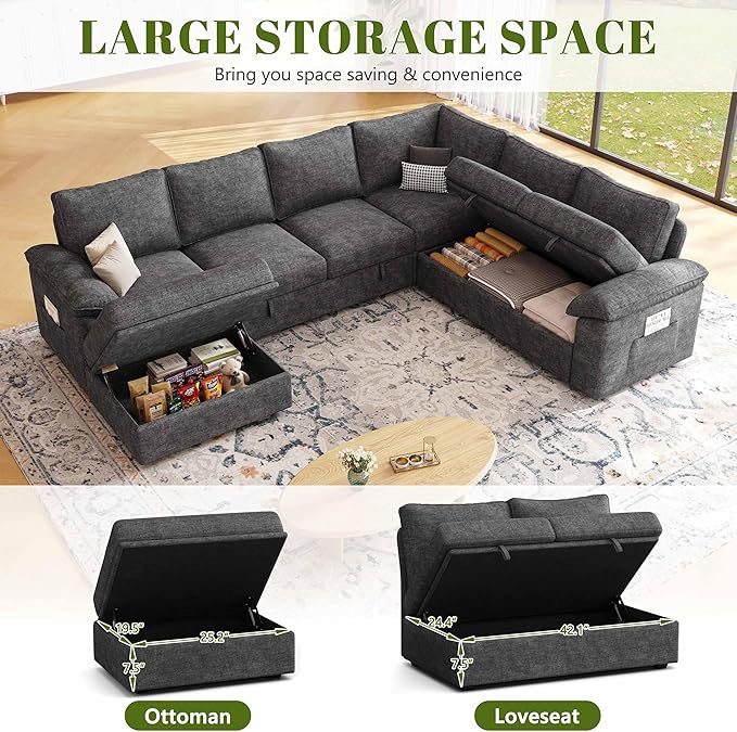 108 Inch Sectional Sleeper Sofa with Pull Out Bed U Shaped 7 Seat Modular Sectional Sofa with Storage Sectional Couches for Living Room Cloud Modular CouchRemovable Sofa Cover Dark Grey