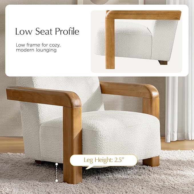 HULALA HOME Boucle Accent Chair Modern Low-Profile Leisure Armchair with Thick Padded Seat Cushion Solid Wood Frame &amp Curved Armrests Ideal for Living Room/Bedroom/Reading Corner(Ivory)