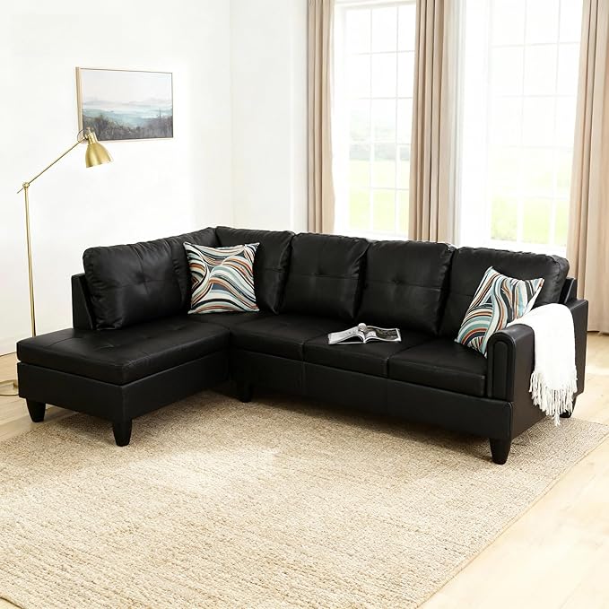 L Shaped Couch Sectional Couches with Chaise 3 Pieces Modular Convertible Sofa for Living Room Furniture Sets and Small Apartment Faux Leather Black