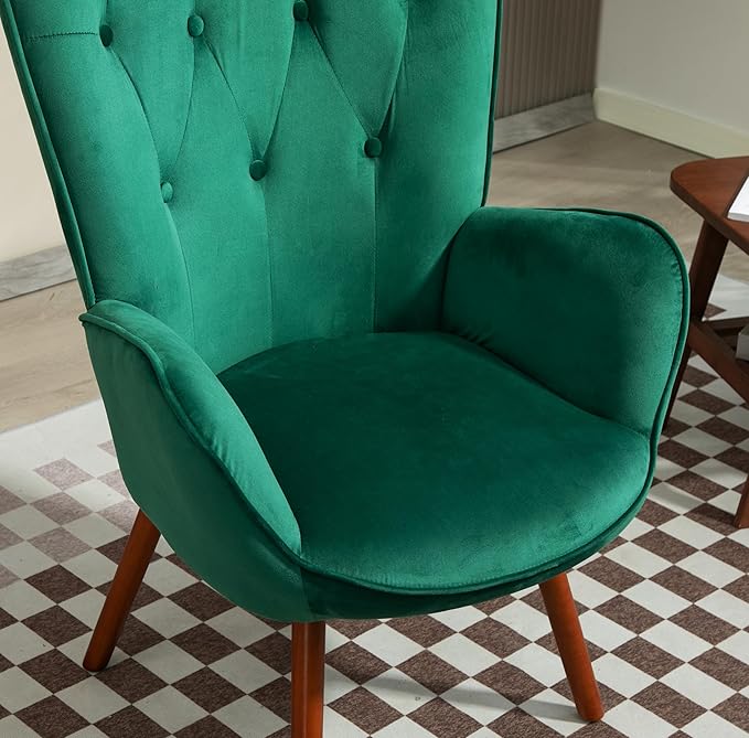 Chic Accent Arm Chairs for Living Room Bedroom or Home Office Button-Tufted Midcentury Armchair with Wingback Design and Splayed Legs Green