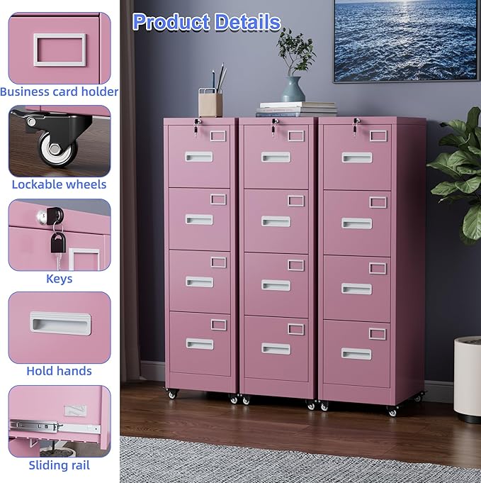 METAN 4 Drawer File Cabinet on Wheels Lockable Metal Filing Cabinet with Handle and Name Card for Office HomeAssembly RequiredPink